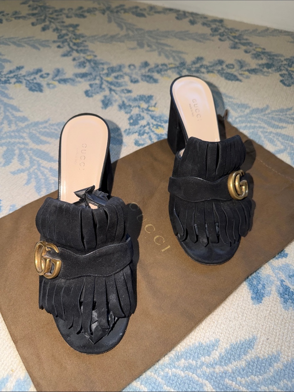Gucci Black Suede GG Marmont Fringe Mules Block Heel Sandals 38 - Picture 2 of 10